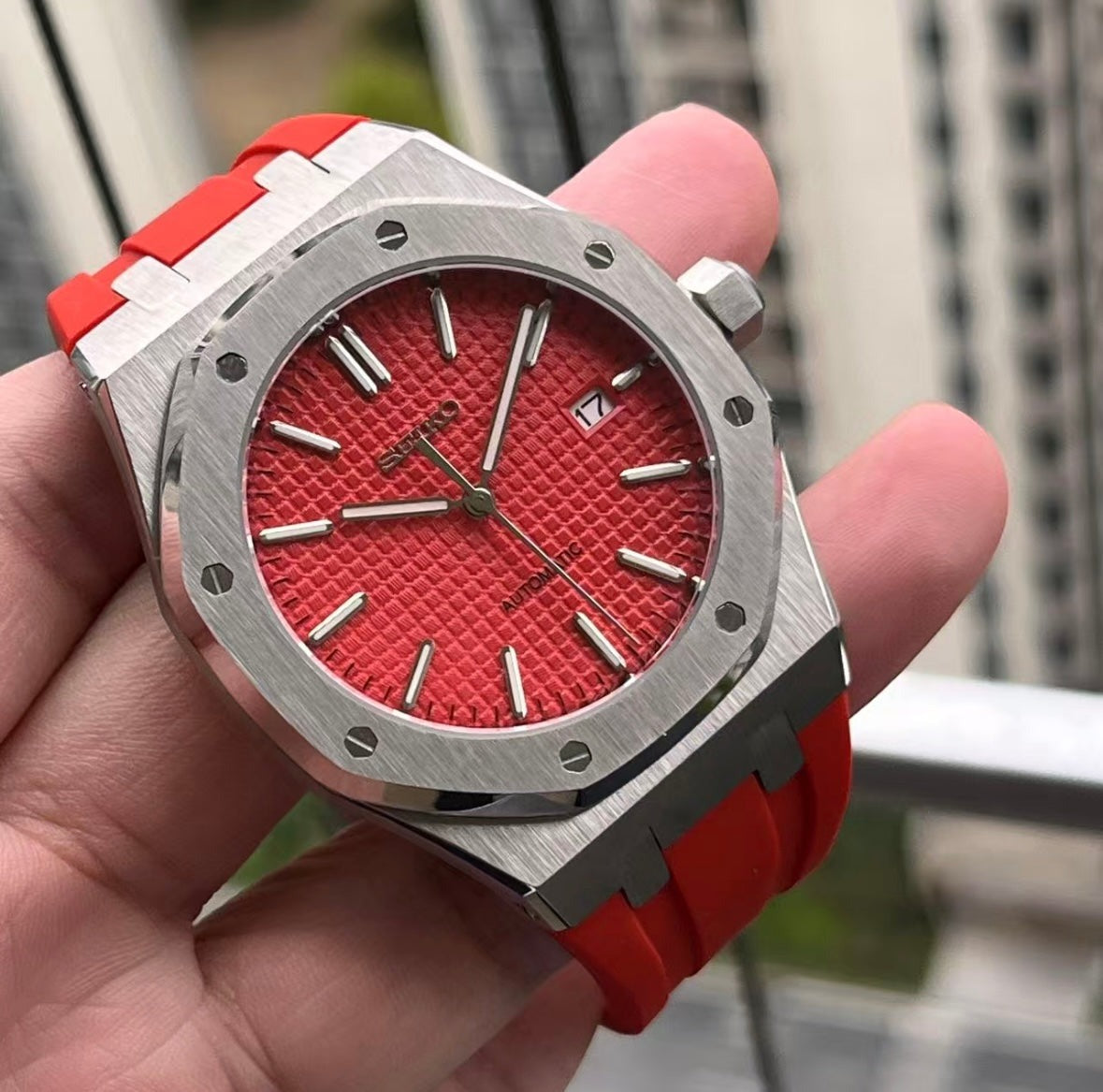 SEIKO MOD ROYAL OAK CRIMSON RED RUBBER MEN'S WATCH