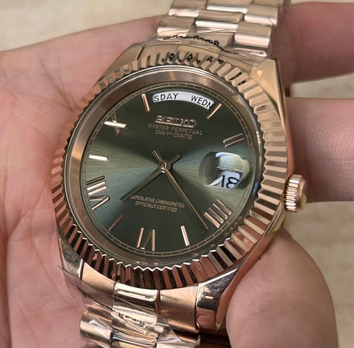 Seiko Rose Gold Green DayDate Mod