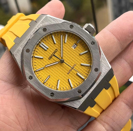 SEIKO MOD ROYAL OAK YELLOW RUBBER MEN'S WATCH